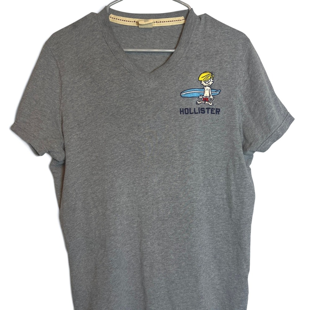 Vintage Hollister Embroidered Surf Logo Tee Gray XL V Neck Graphic Shirt